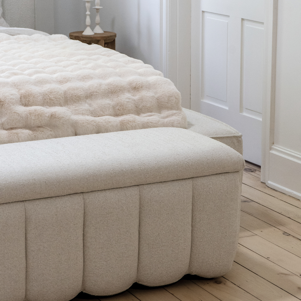 Channel-Tufted Storage Bench in Ivory Fabric - Rounded Edges, Hidden Storage