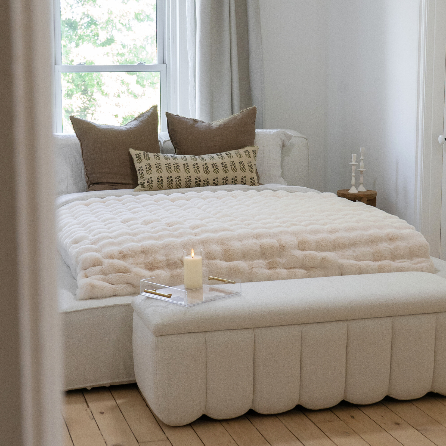 Channel-Tufted Storage Bench in Ivory Fabric - Rounded Edges, Hidden Storage
