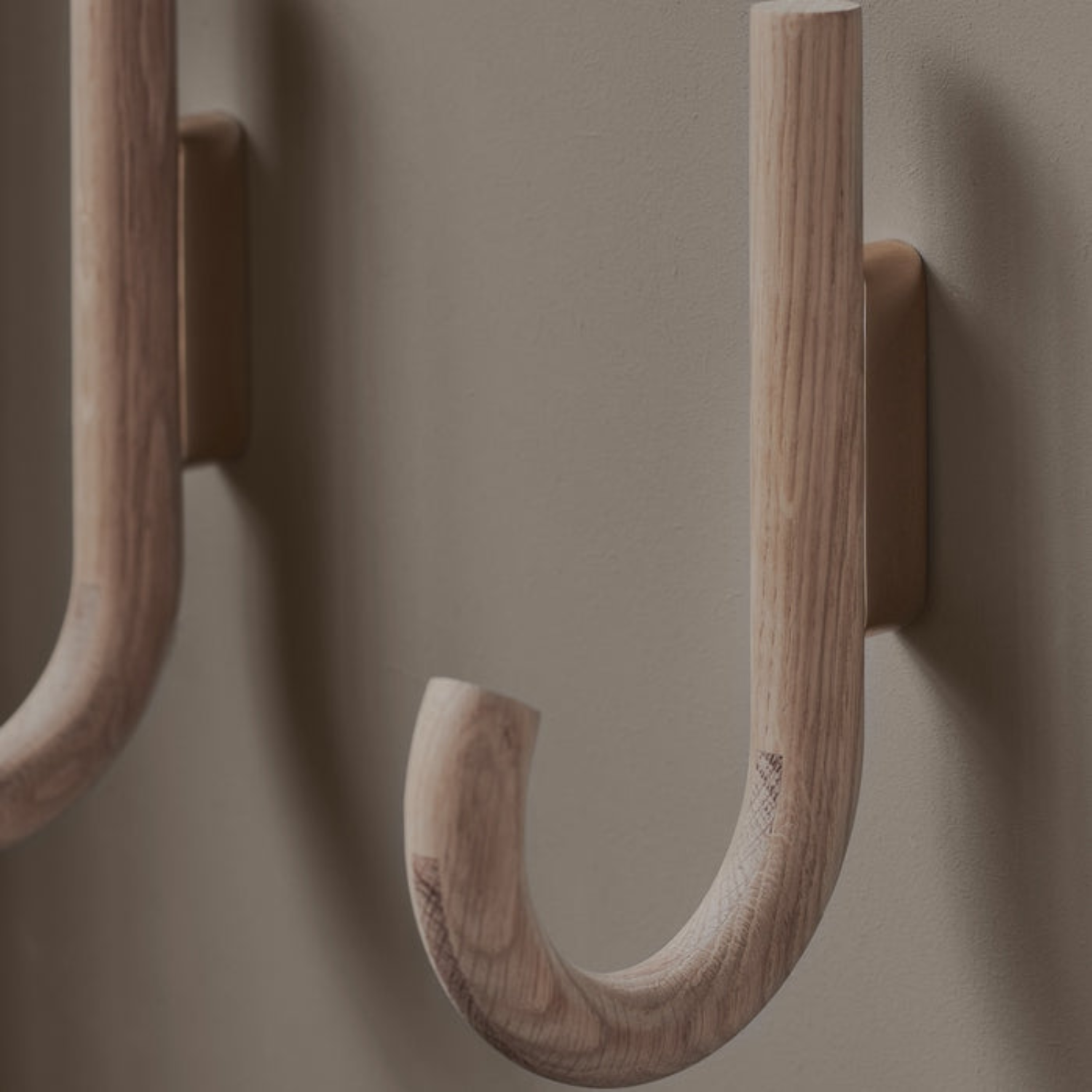 J-Curve Wall Hook in Oak & Brass - Umbrella-Inspired, Multi-Room Use