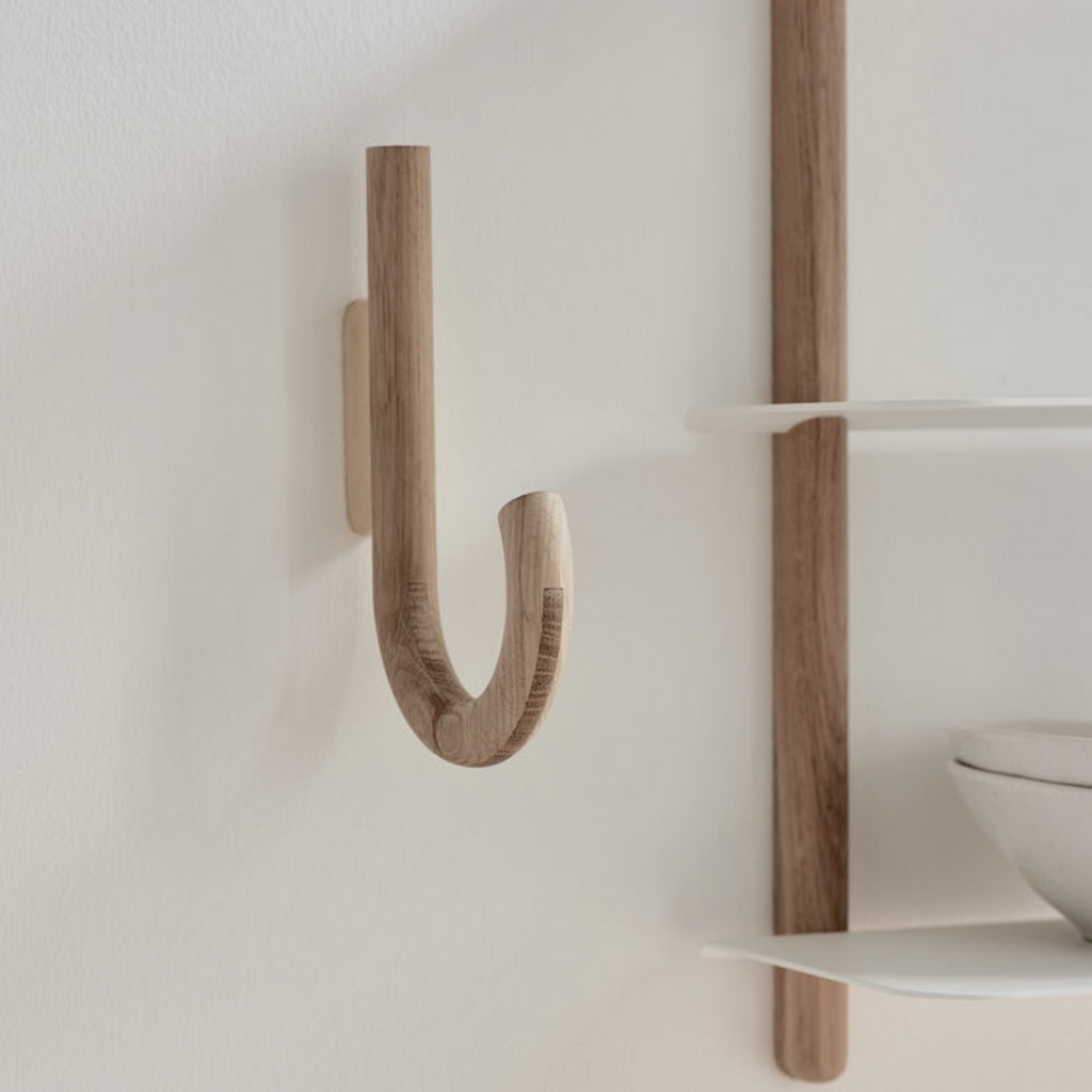 J-Curve Wall Hook in Oak & Brass - Umbrella-Inspired, Multi-Room Use