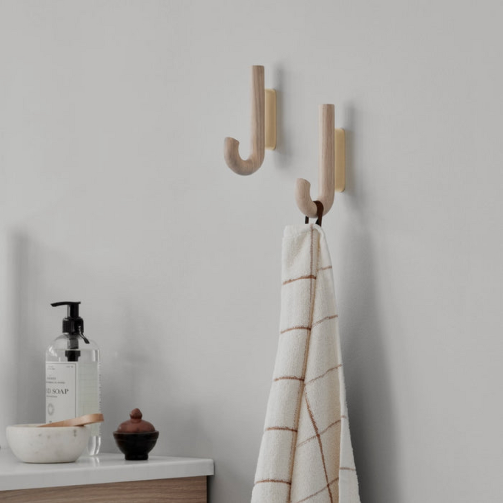 J-Curve Wall Hook in Oak & Brass - Umbrella-Inspired, Multi-Room Use