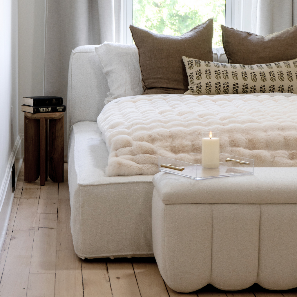 Channel-Tufted Storage Bench in Ivory Fabric - Rounded Edges, Hidden Storage