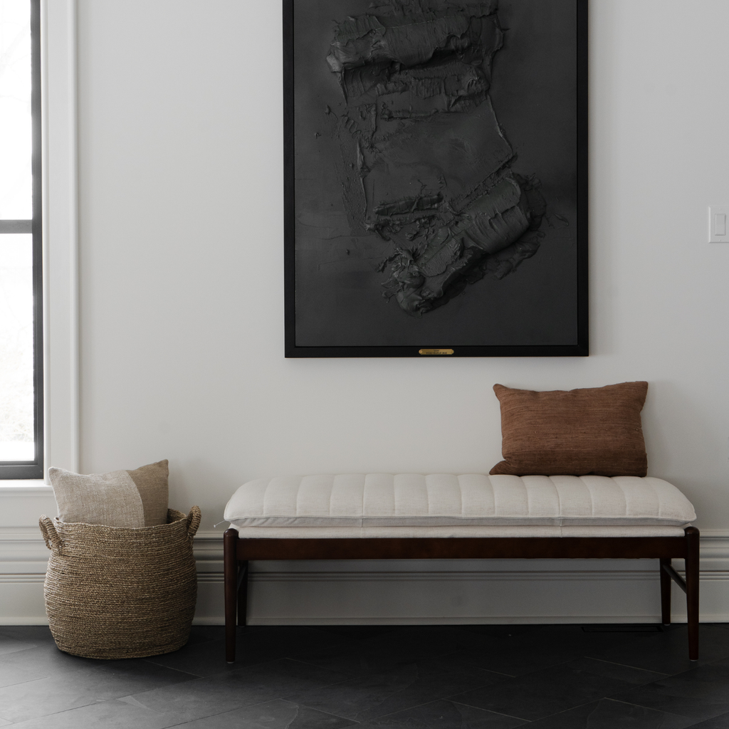 Upholstered Bench in Snow Performance Fabric - Channeled Seat, Solid Wood Legs