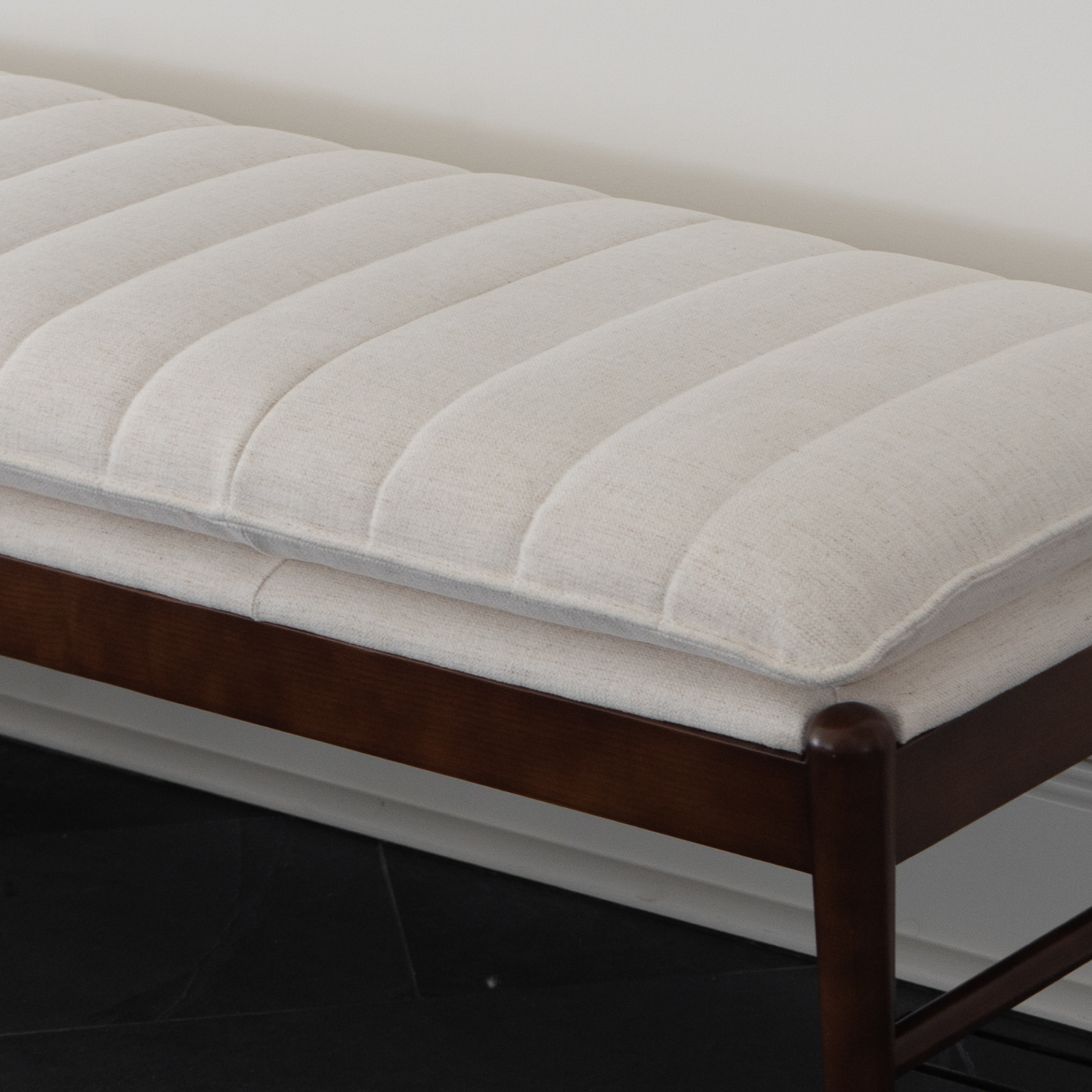 Upholstered Bench in Snow Performance Fabric - Channeled Seat, Solid Wood Legs