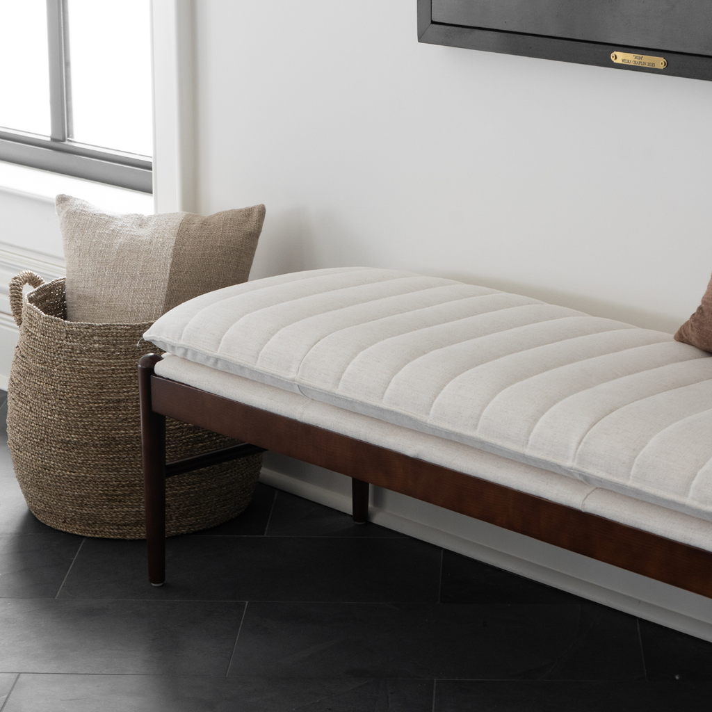 Upholstered Bench in Snow Performance Fabric - Channeled Seat, Solid Wood Legs