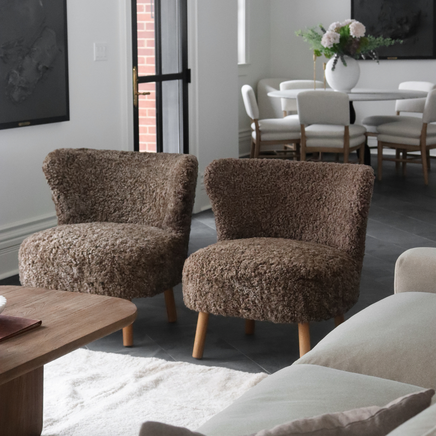 Wool Sheepskin Lounge Chair in Deep Taupe - Solid Oak Legs
