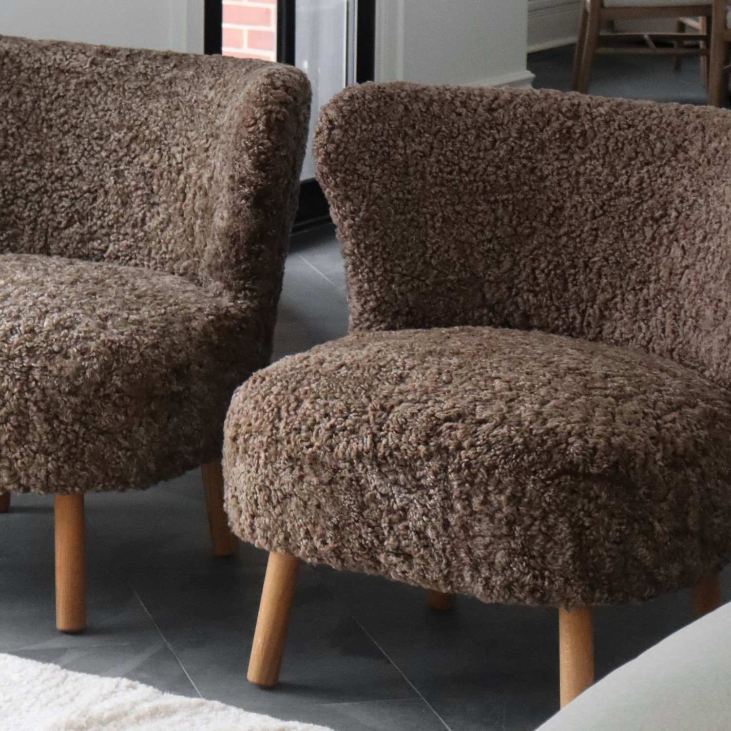 Wool Sheepskin Lounge Chair in Deep Taupe - Solid Oak Legs