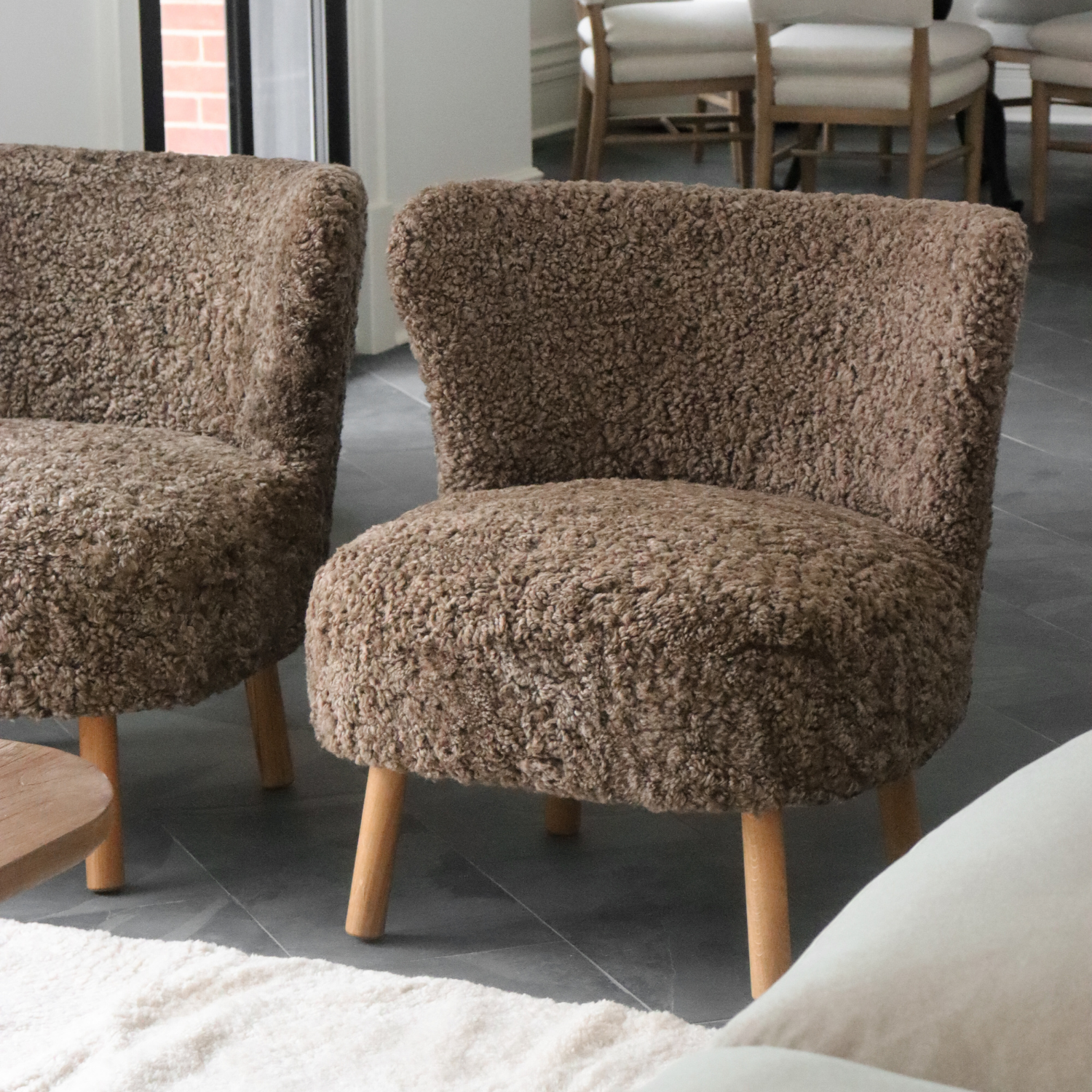 Wool Sheepskin Lounge Chair in Deep Taupe - Solid Oak Legs