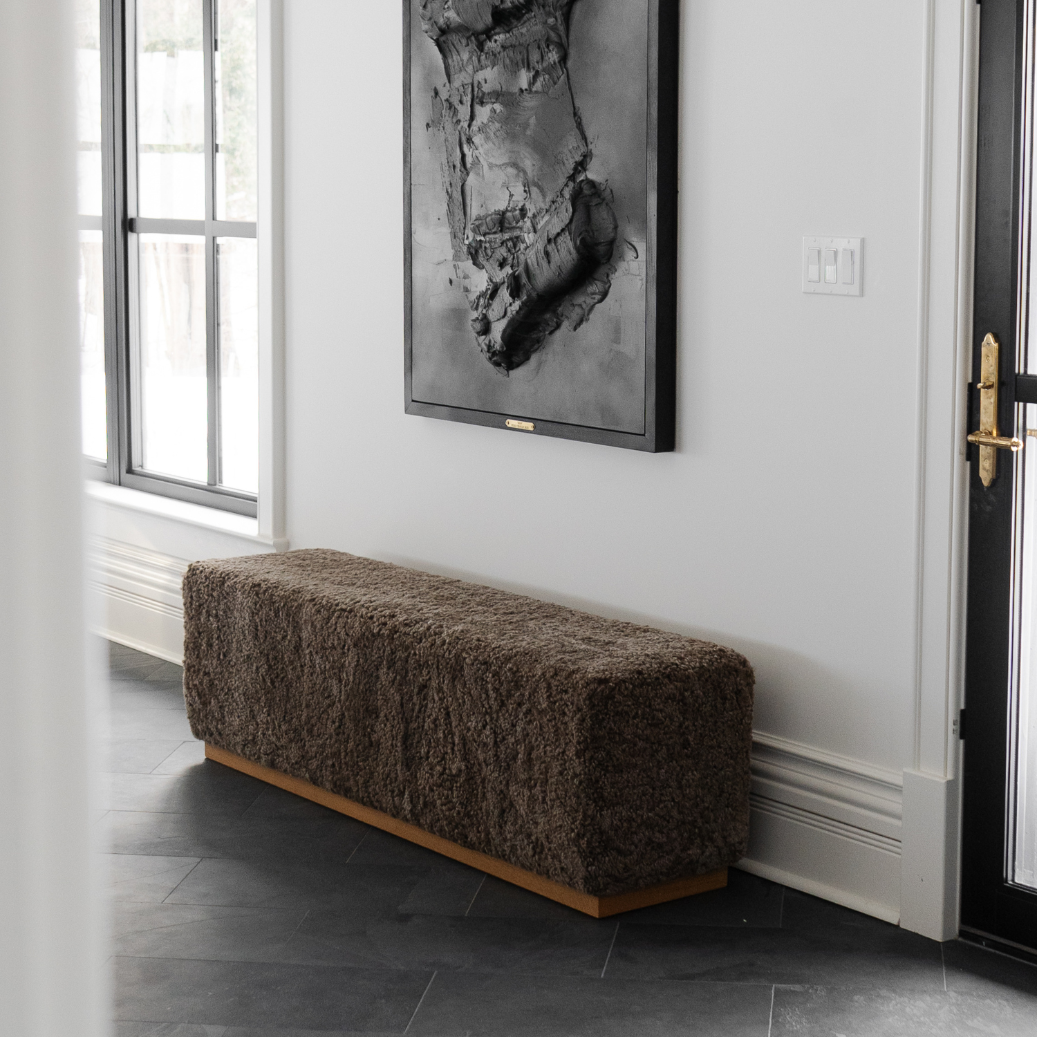 Wool Sheepskin Cube Bench in Deep Taupe - Solid Oak Base