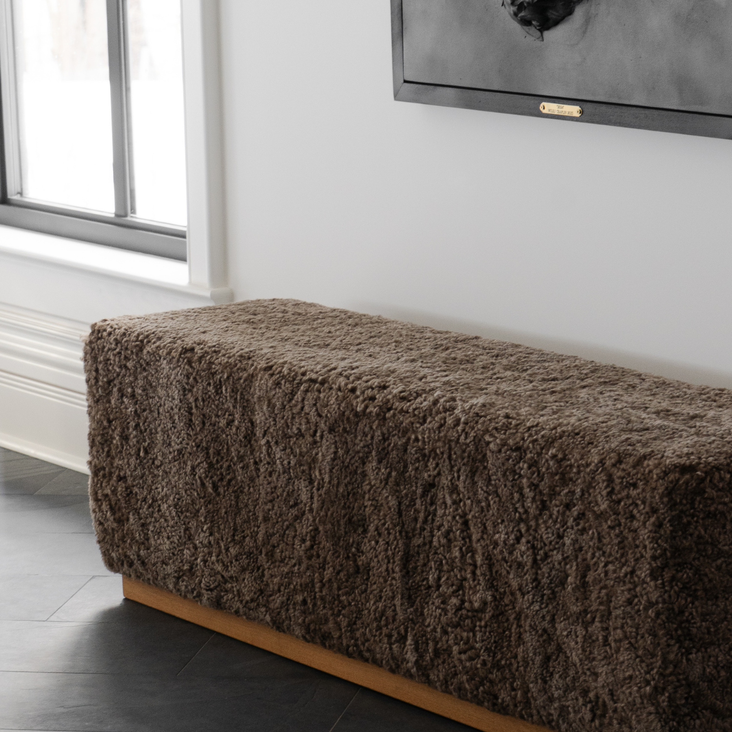 Wool Sheepskin Cube Bench in Deep Taupe - Solid Oak Base