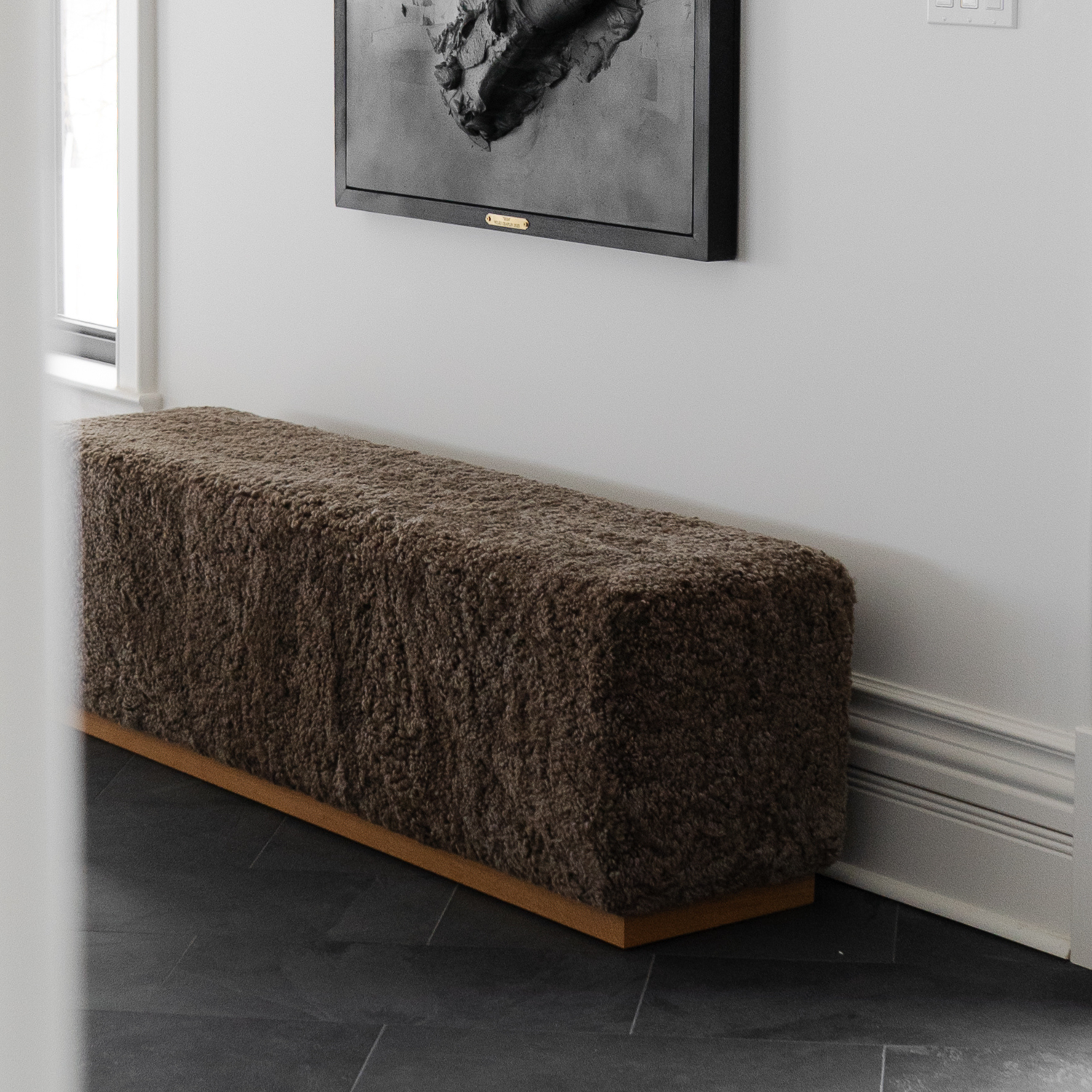 Wool Sheepskin Cube Bench in Deep Taupe - Solid Oak Base