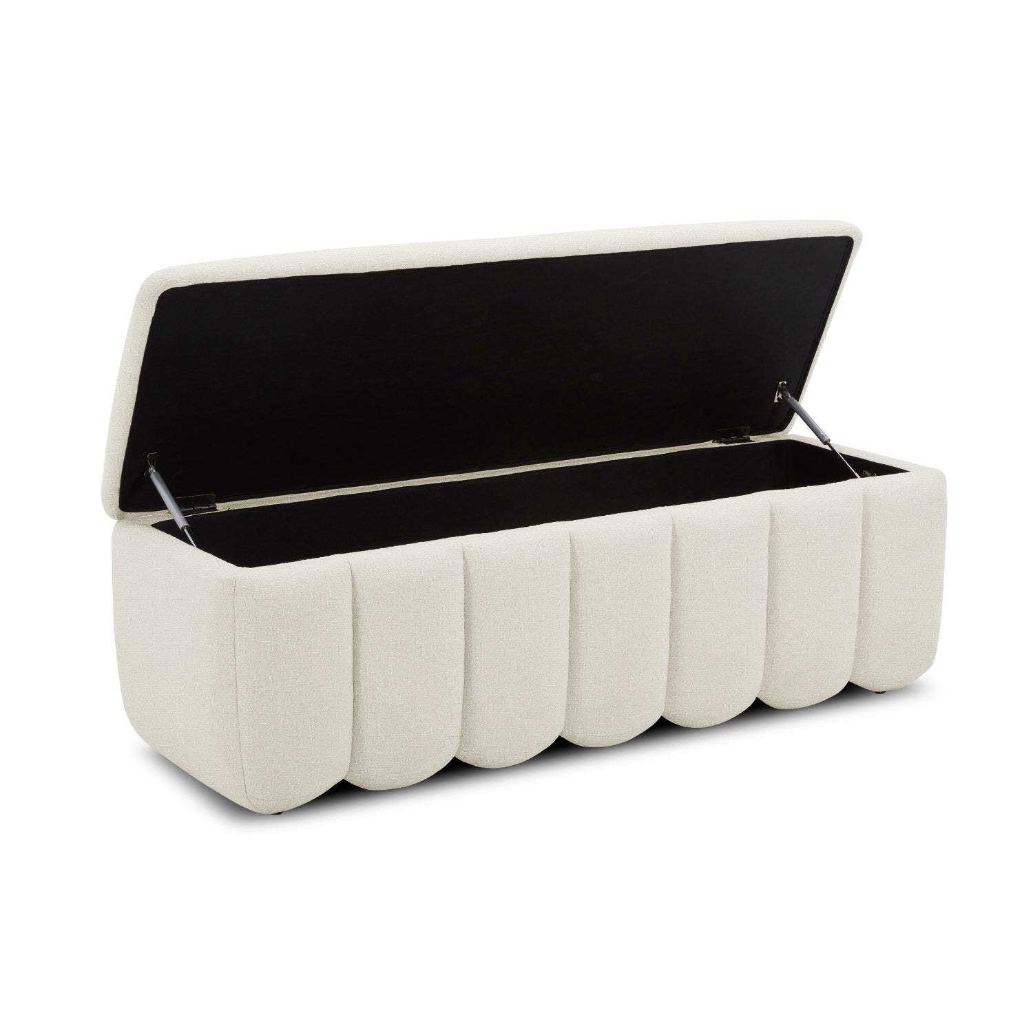 Channel-Tufted Storage Bench in Ivory Fabric - Rounded Edges, Hidden Storage