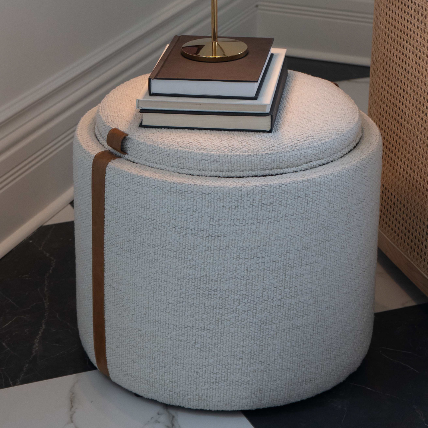 Storage Ottoman in Pearl Boucle - Leather Accents, Wood Tray Lid, Lined Interior