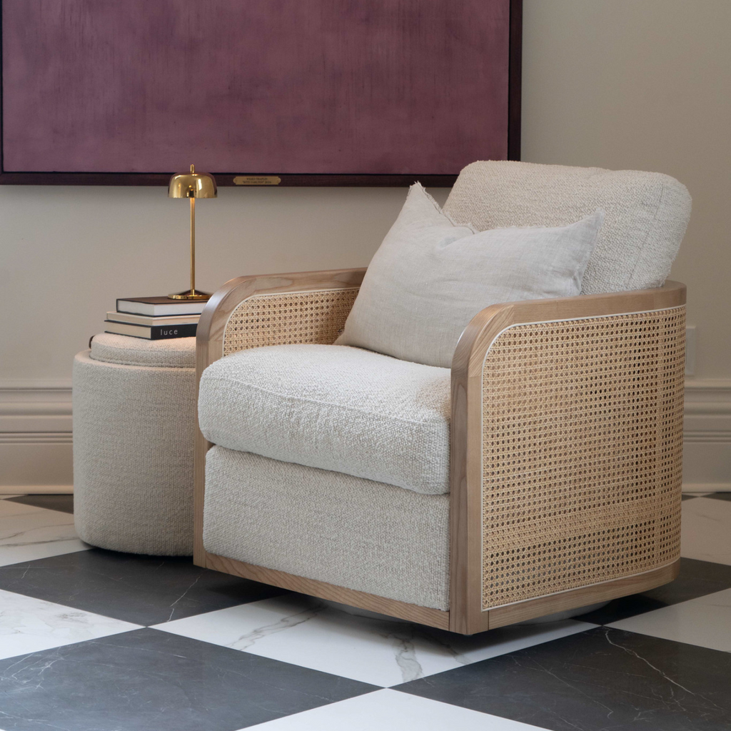 Storage Ottoman in Pearl Boucle - Leather Accents, Wood Tray Lid, Lined Interior