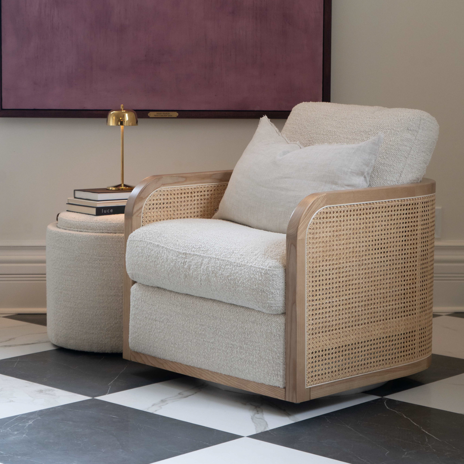 Storage Ottoman in Pearl Boucle - Leather Accents, Wood Tray Lid, Lined Interior