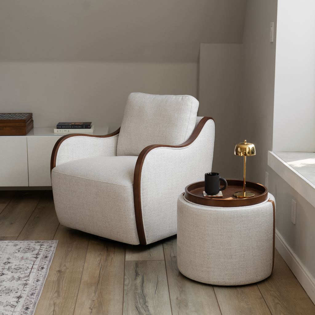 Storage Ottoman in Thatched Wheat Fabric - Leather Accents, Wood Tray Lid