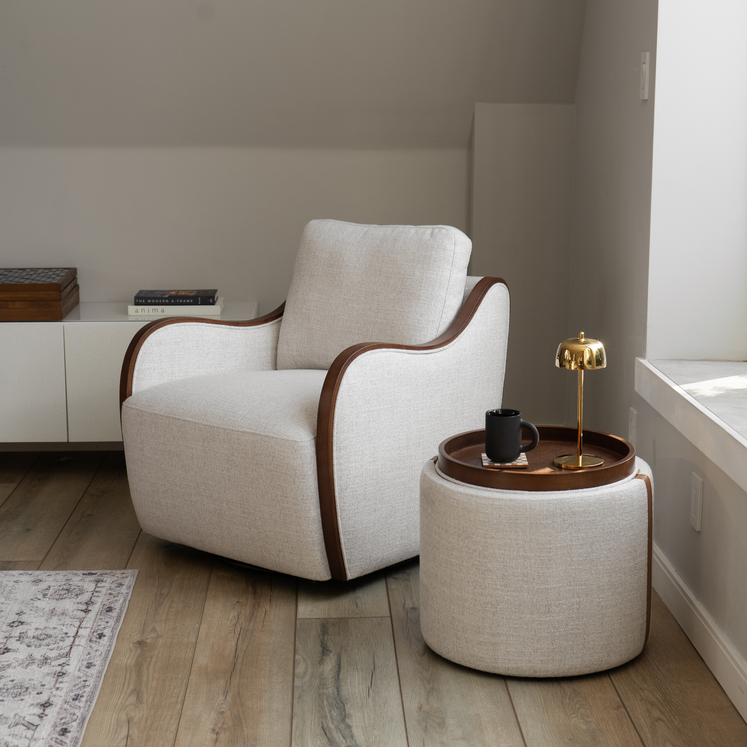Storage Ottoman in Thatched Wheat Fabric - Leather Accents, Wood Tray Lid