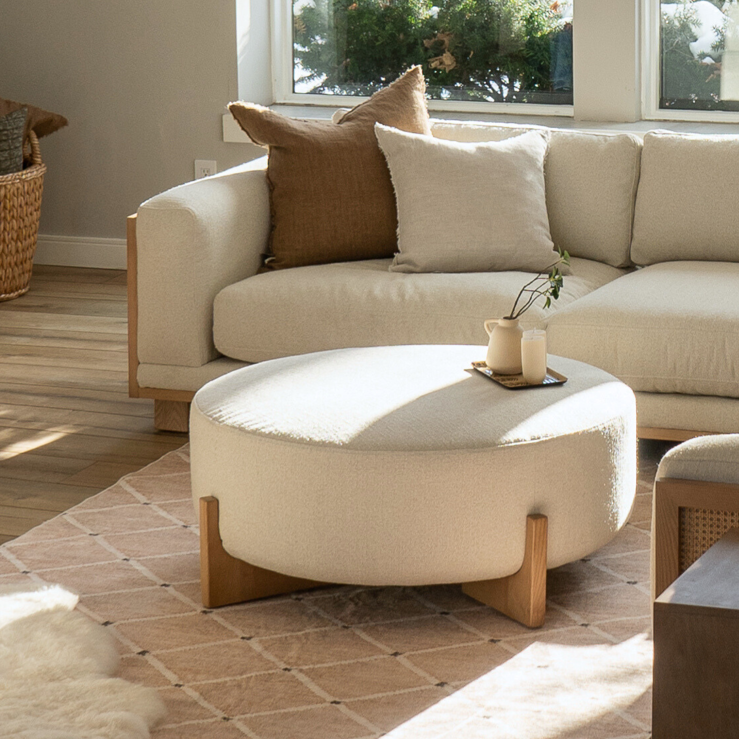 Round Ottoman in Ivory Polyester - Light Wood Base, Scandinavian Design