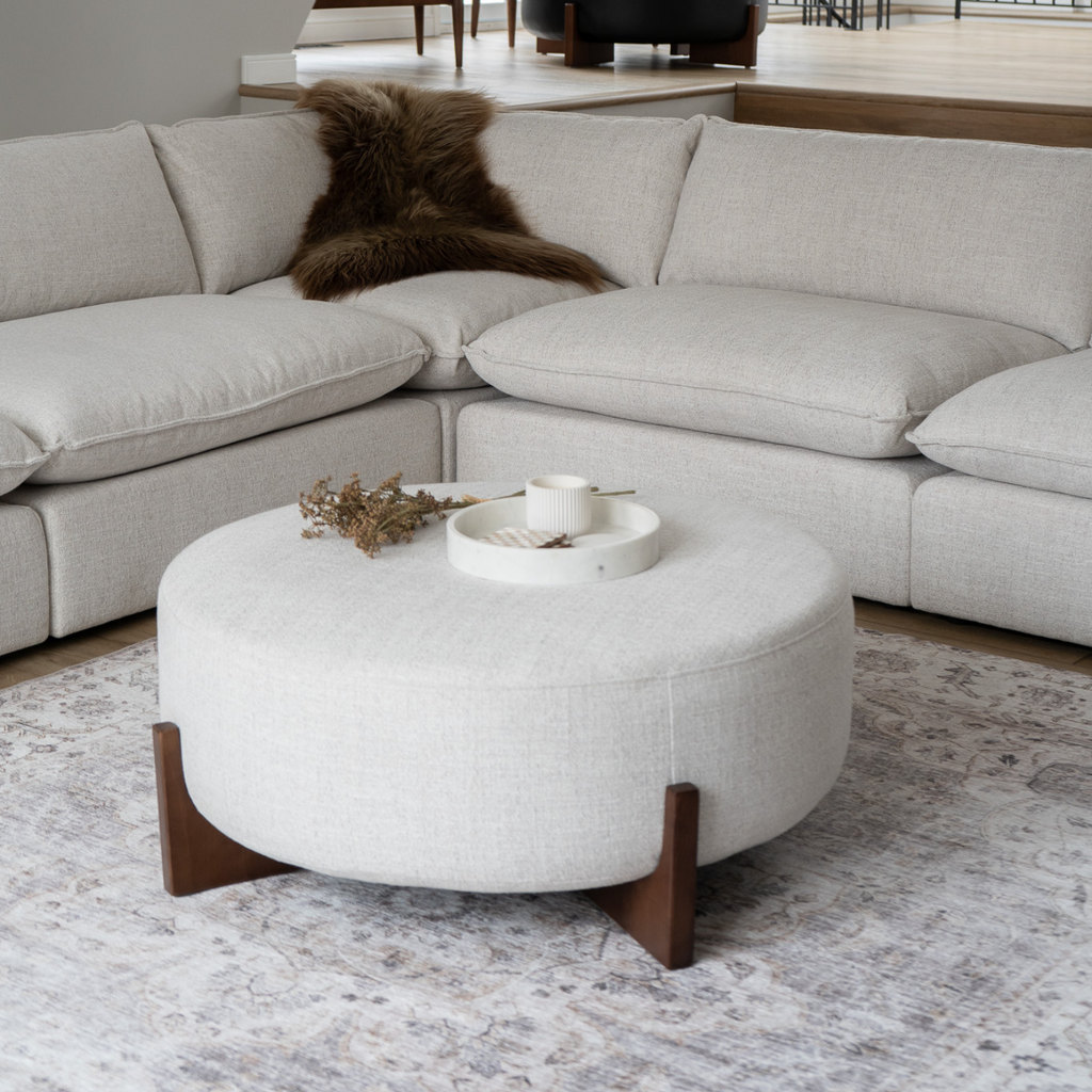 Round Ottoman in Wheat Woven Polyester - Dark Wood Base, Coffee Table Option