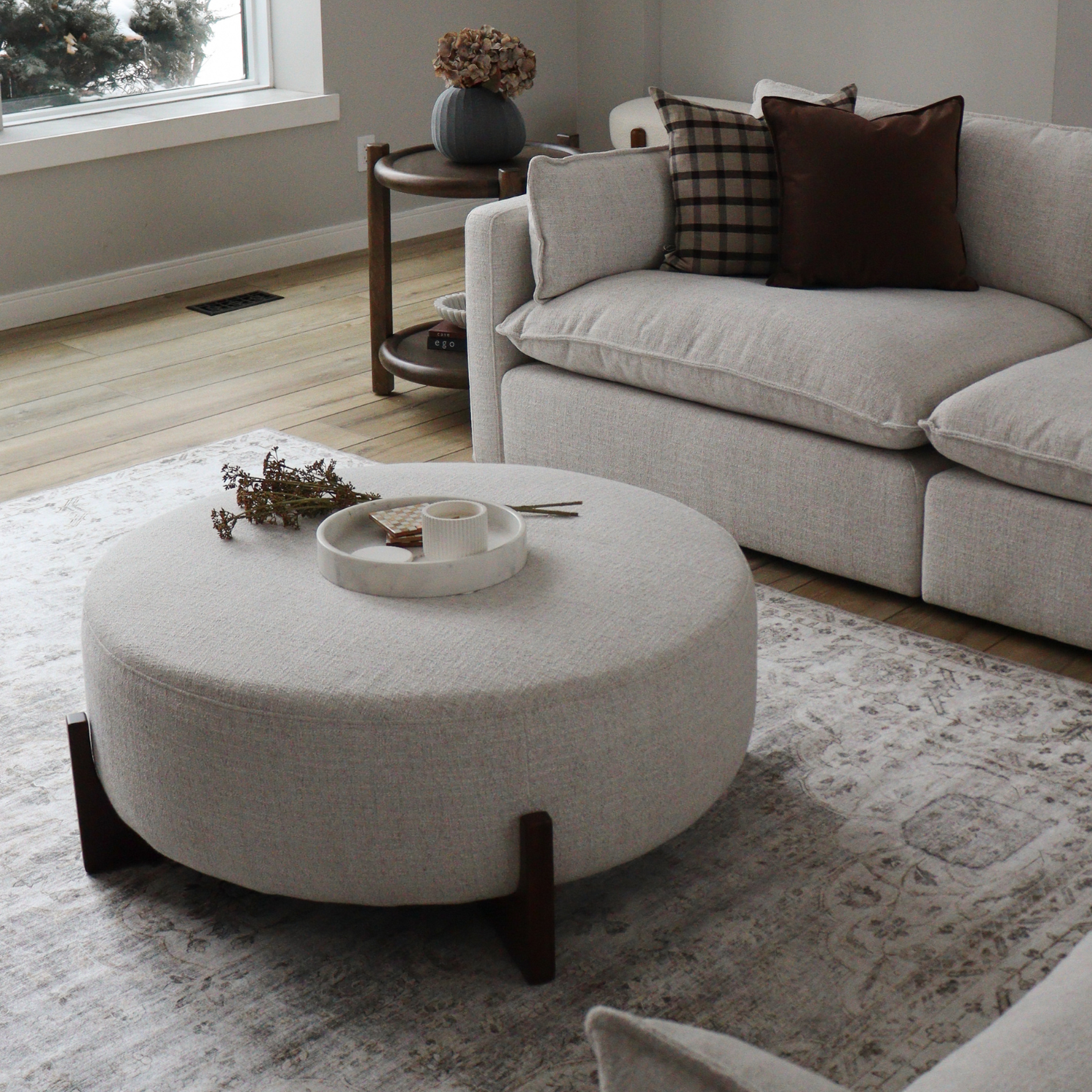 Round Ottoman in Wheat Woven Polyester - Dark Wood Base, Coffee Table Option