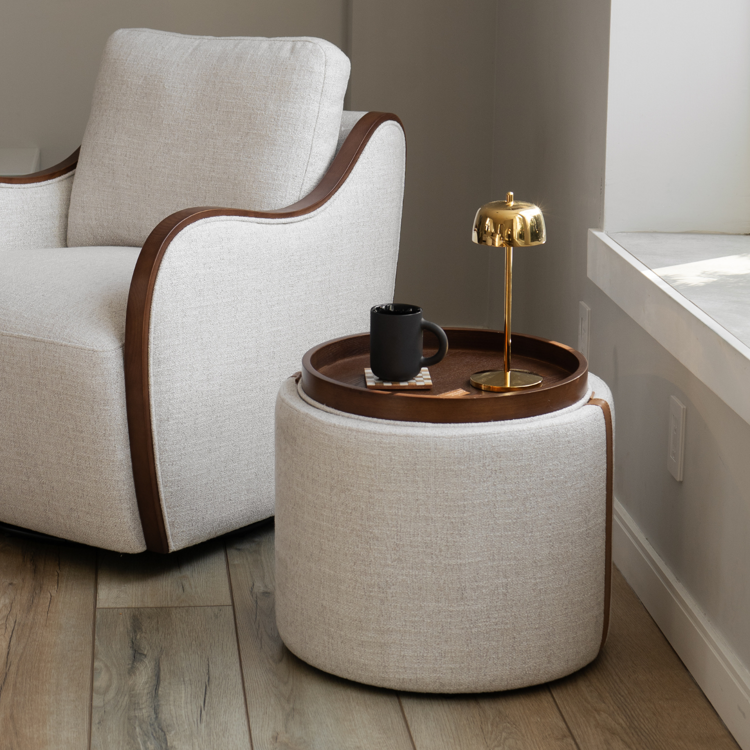 Storage Ottoman in Thatched Wheat Fabric - Leather Accents, Wood Tray Lid