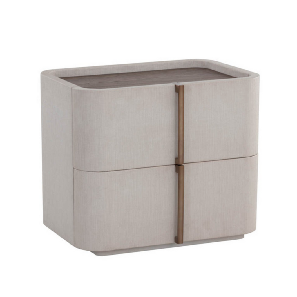 Curved Nightstand in Cream Faux Leather - Oak Veneer Top, 2 Drawers, Acacia Base