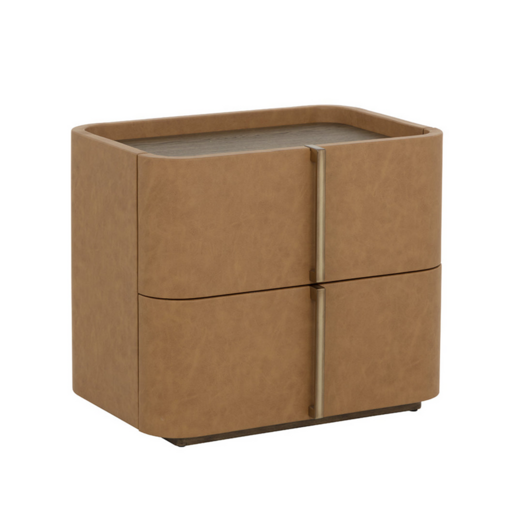 Curved Nightstand in Cognac Faux Leather - Oak Veneer Top, 2 Drawers, Acacia Base