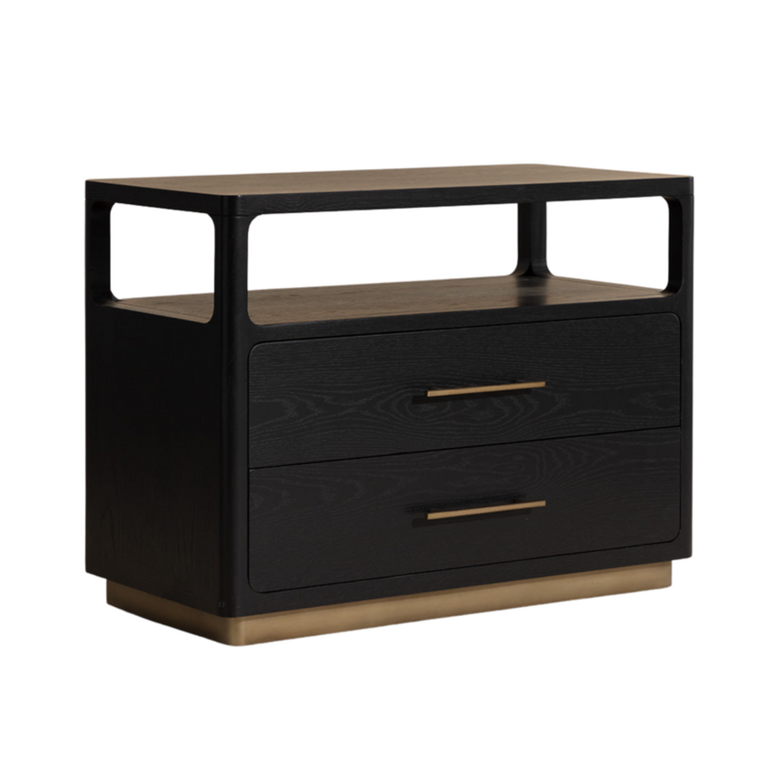 Minimalist Oak Nightstand in Black - Open Shelf, 2 Soft-Close Drawers