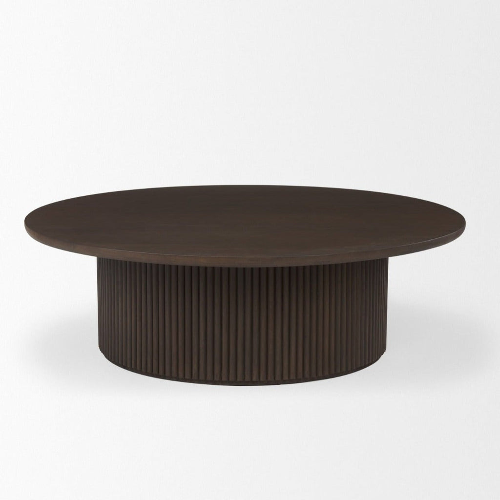 Solid Mango Wood Coffee Table in Espresso Brown - Fluted Base, Hydraulic Lift Top