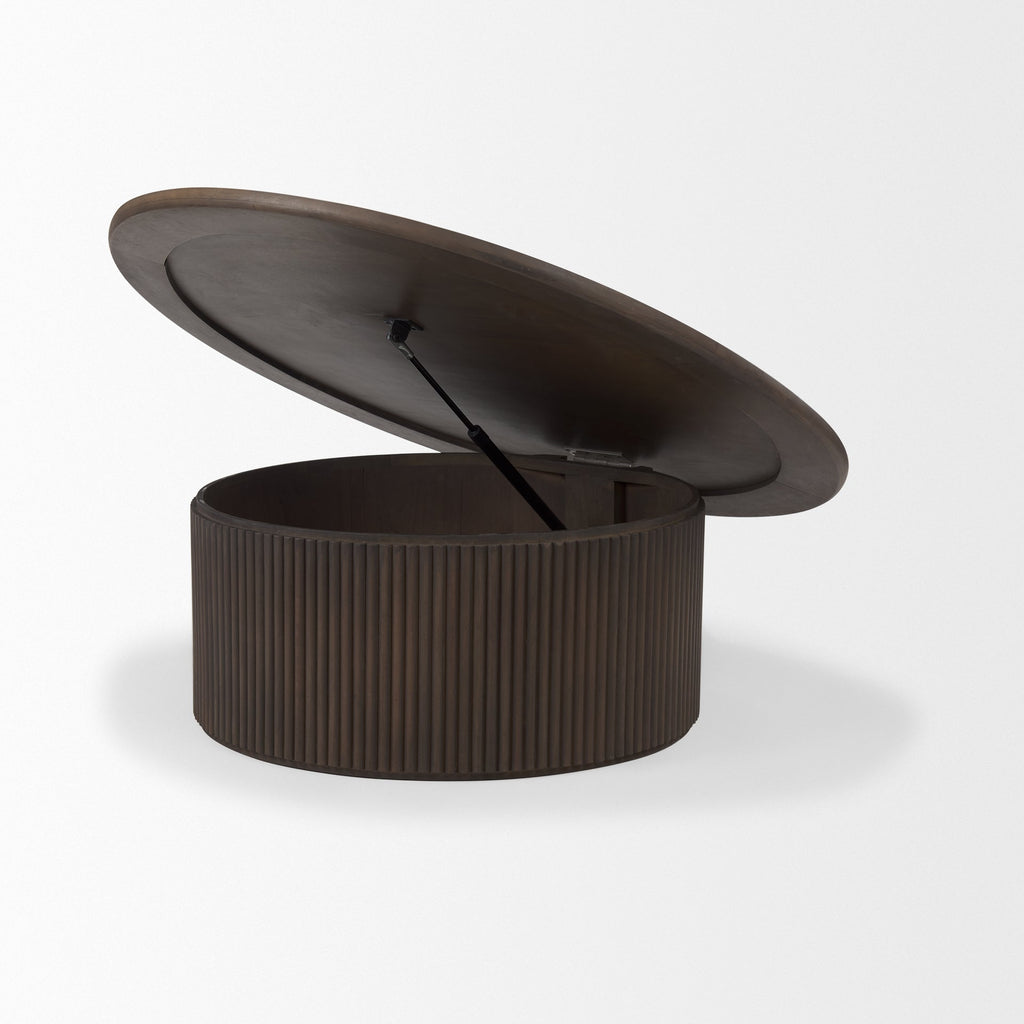 Solid Mango Wood Coffee Table in Espresso Brown - Fluted Base, Hydraulic Lift Top