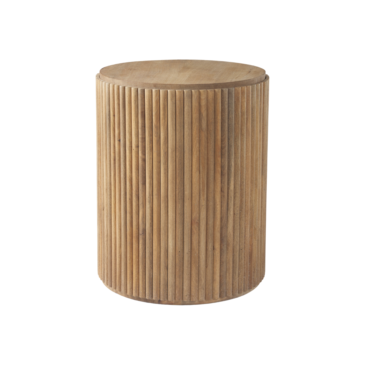 Solid Mango Wood Side Table in Blonde - Fluted Base, Round Top, Removable Lid