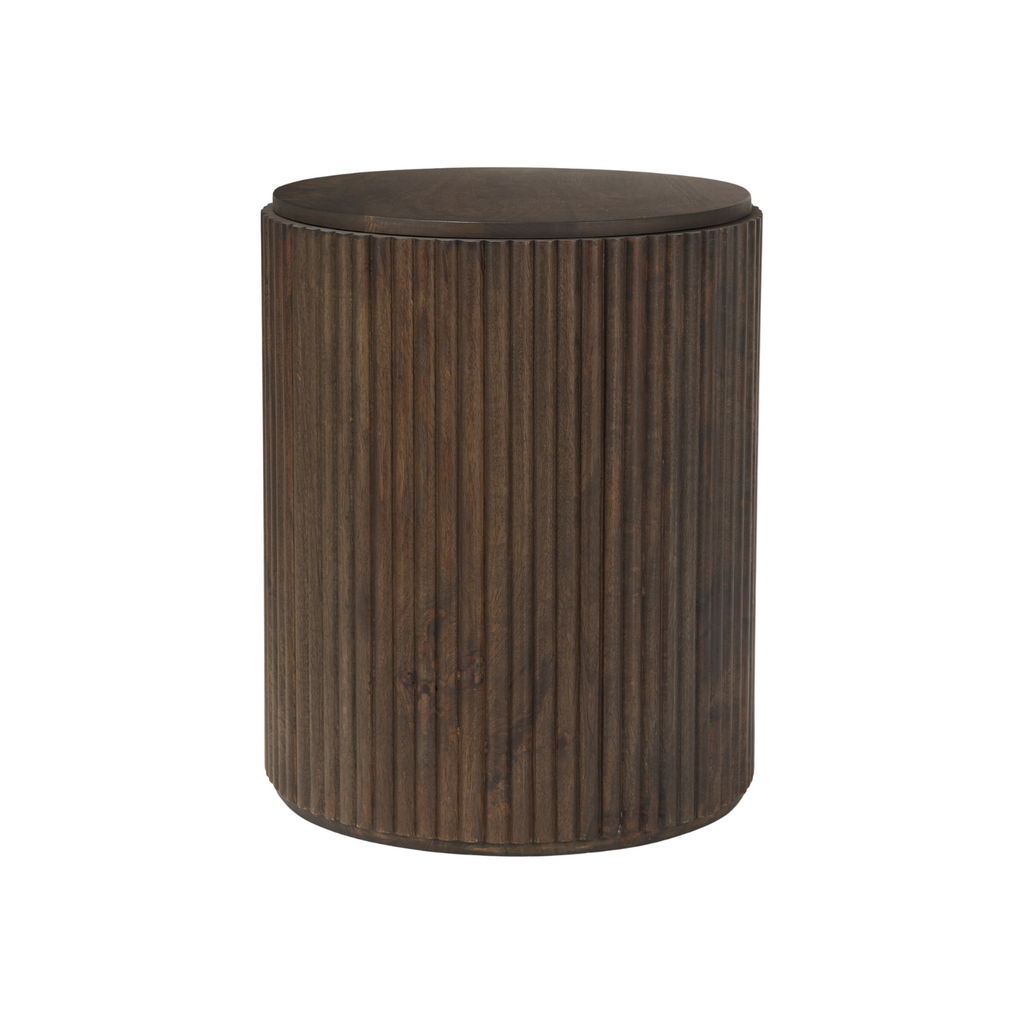 Solid Mango Wood Side Table in Espresso Brown - Fluted Base, Removable Lid