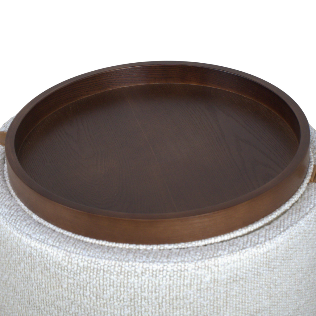 Storage Ottoman in Pearl Boucle - Leather Accents, Wood Tray Lid, Lined Interior