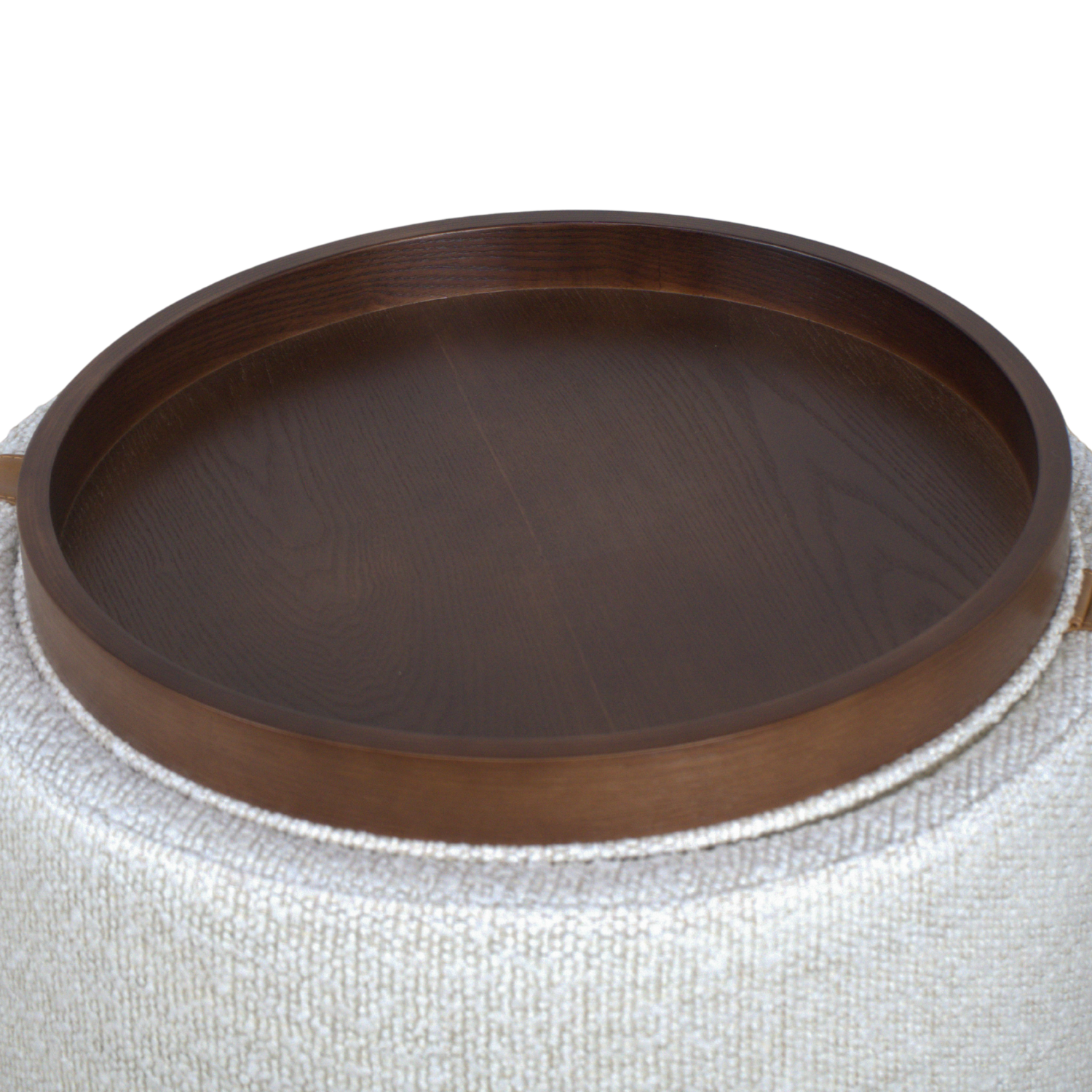 Storage Ottoman in Pearl Boucle - Leather Accents, Wood Tray Lid, Lined Interior