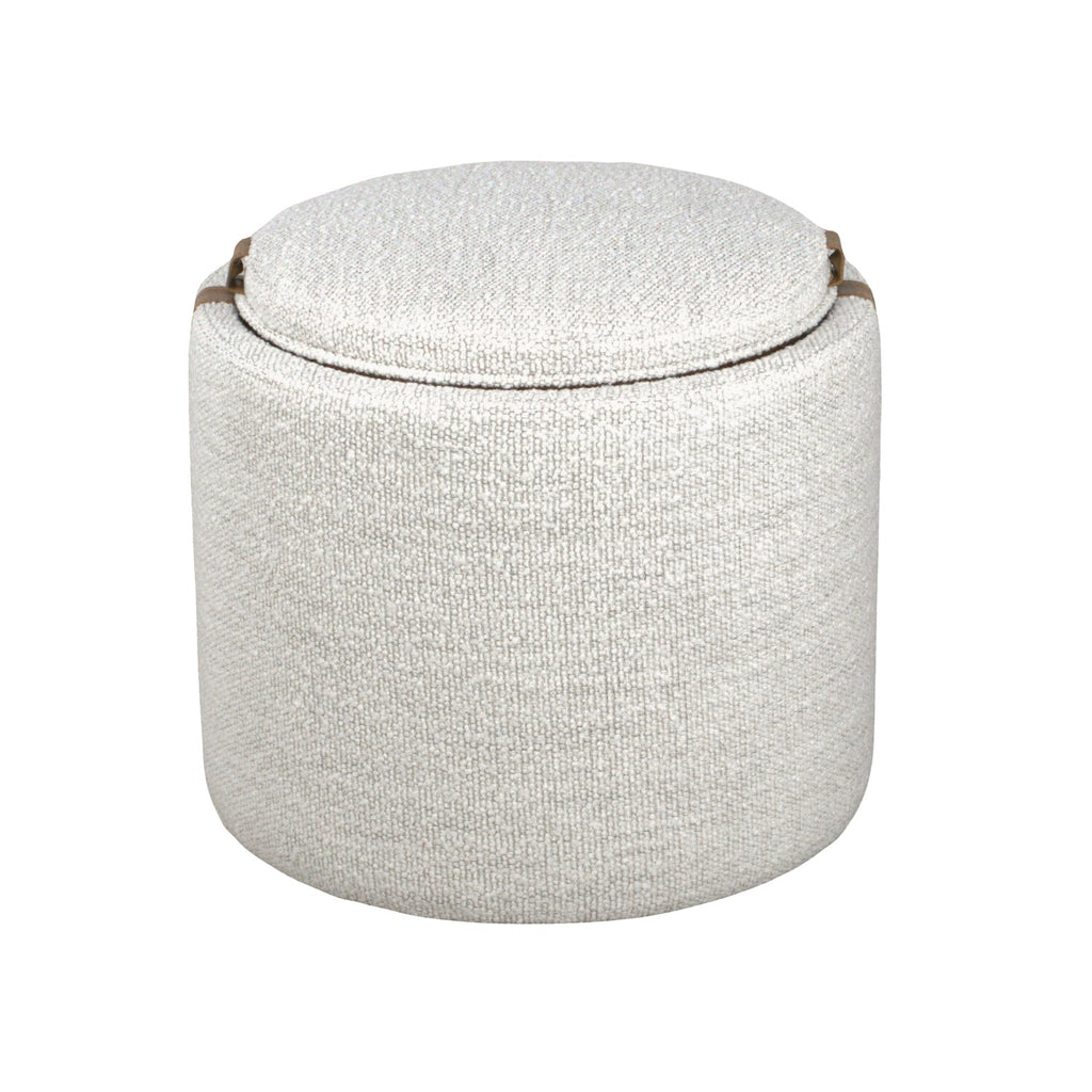 Storage Ottoman in Pearl Boucle - Leather Accents, Wood Tray Lid, Lined Interior