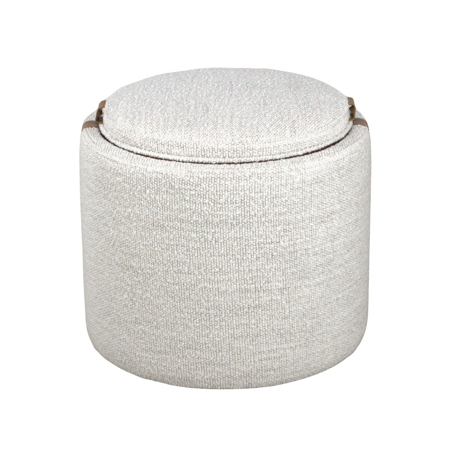 Storage Ottoman in Pearl Boucle - Leather Accents, Wood Tray Lid, Lined Interior