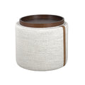 Storage Ottoman in Pearl Boucle - Leather Accents, Wood Tray Lid, Lined Interior