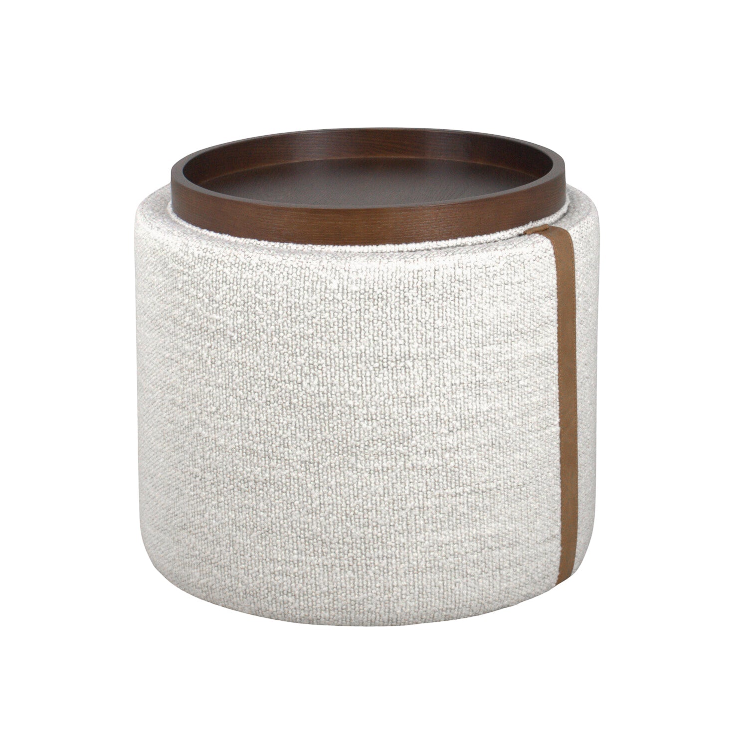 Storage Ottoman in Pearl Boucle - Leather Accents, Wood Tray Lid, Lined Interior