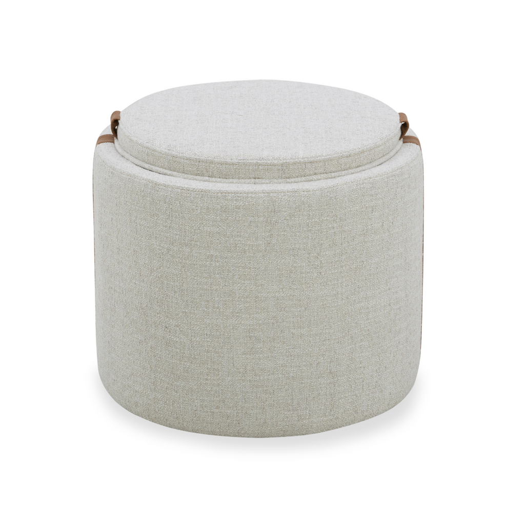 Storage Ottoman in Thatched Wheat Fabric - Leather Accents, Wood Tray Lid