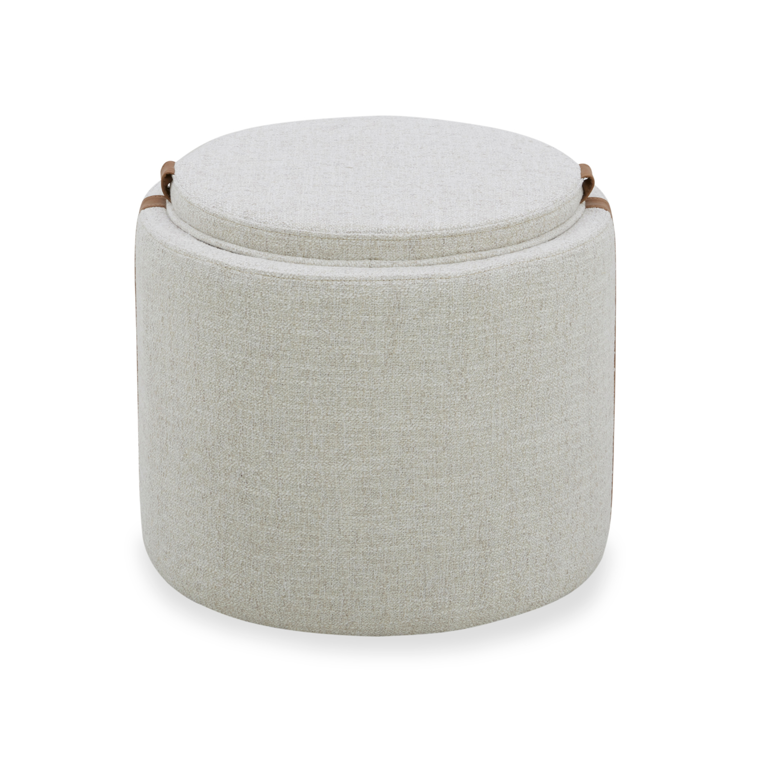 Storage Ottoman in Thatched Wheat Fabric - Leather Accents, Wood Tray Lid