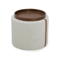 Storage Ottoman in Thatched Wheat Fabric - Leather Accents, Wood Tray Lid