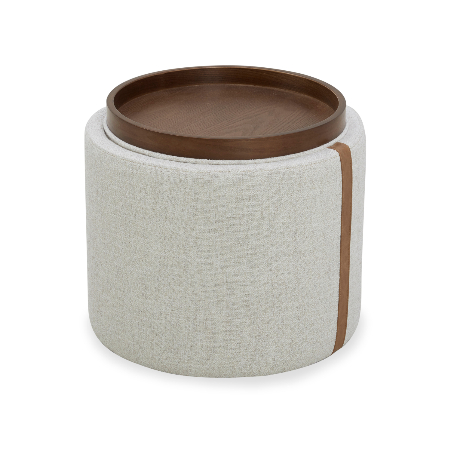 Storage Ottoman in Thatched Wheat Fabric - Leather Accents, Wood Tray Lid