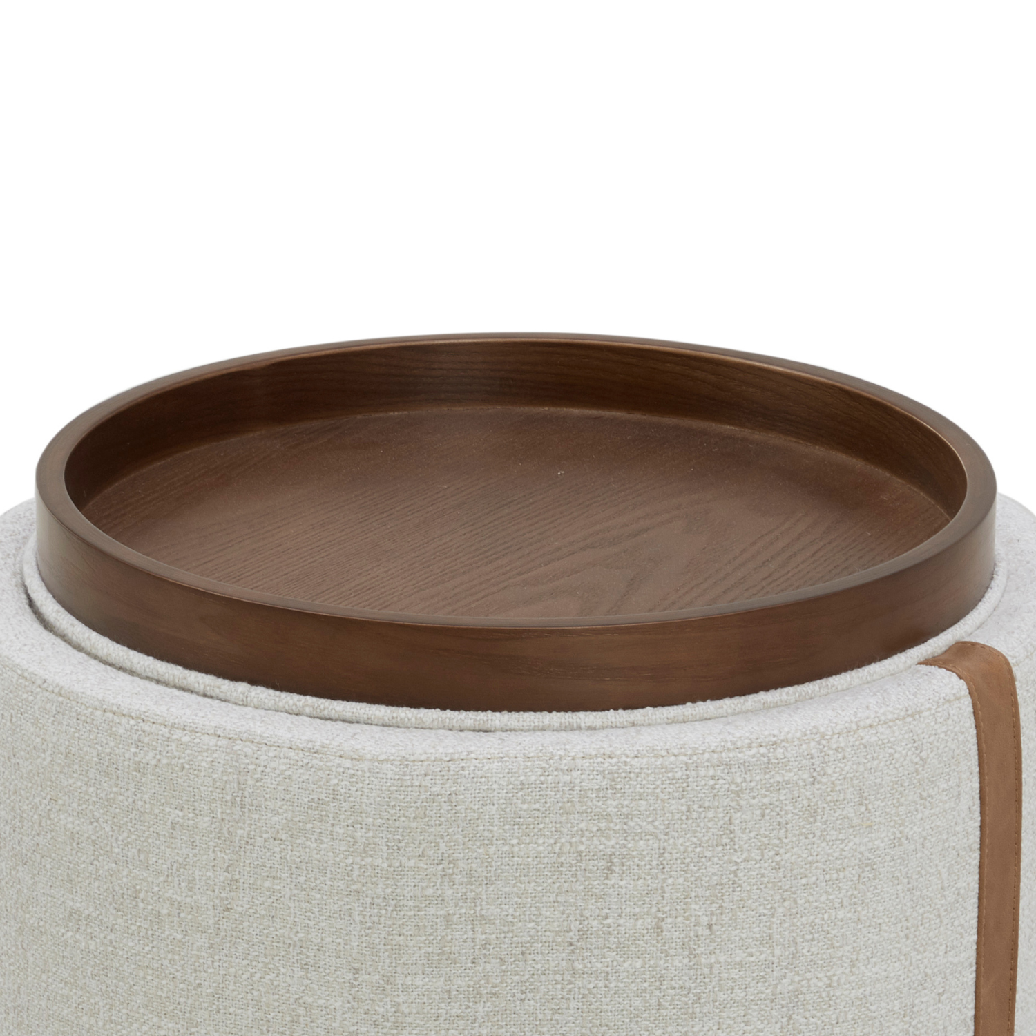 Storage Ottoman in Thatched Wheat Fabric - Leather Accents, Wood Tray Lid