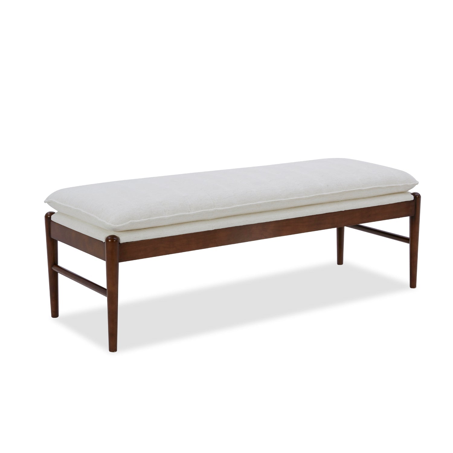 Upholstered Bench in Snow Performance Fabric - Channeled Seat, Solid Wood Legs