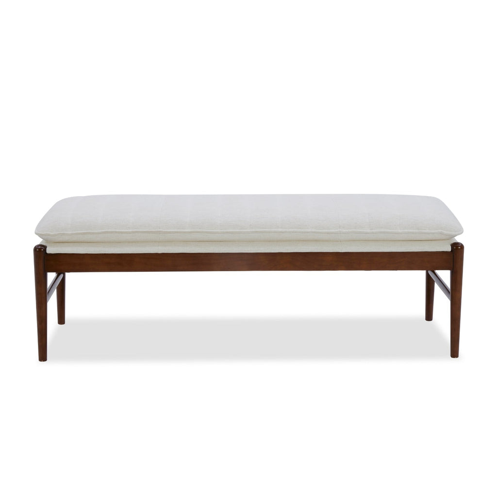 Upholstered Bench in Snow Performance Fabric - Channeled Seat, Solid Wood Legs