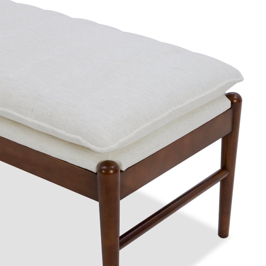 Upholstered Bench in Snow Performance Fabric - Channeled Seat, Solid Wood Legs