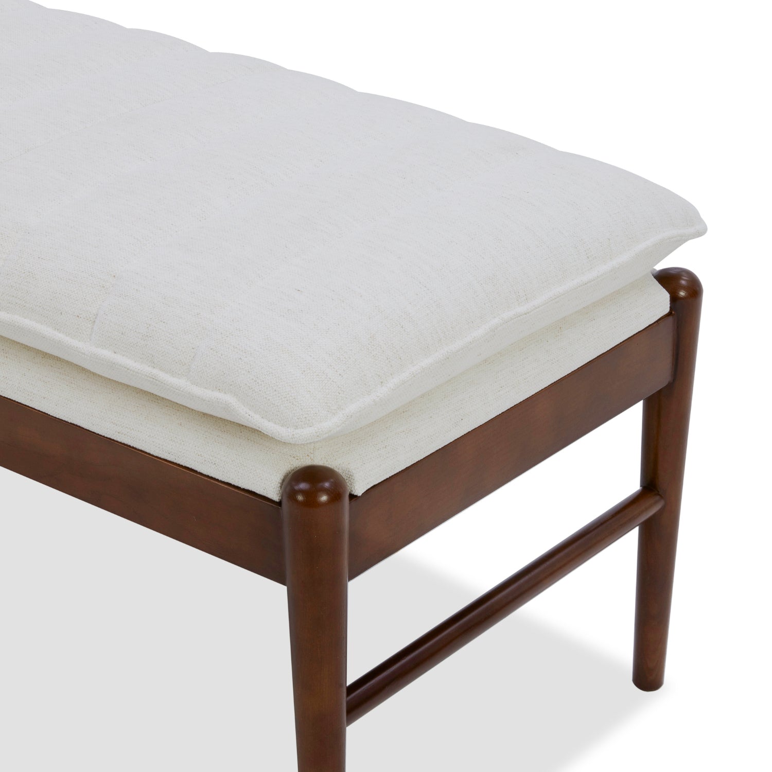 Upholstered Bench in Snow Performance Fabric - Channeled Seat, Solid Wood Legs