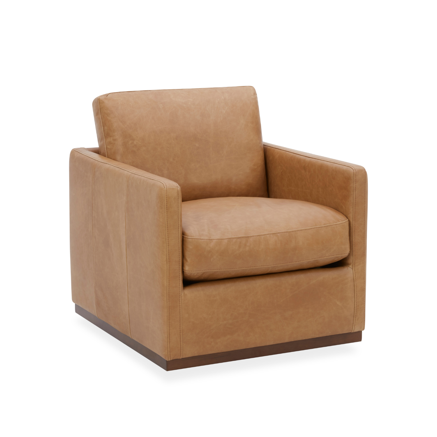 Swivel Lounge Chair in Distressed Cognac Leather - Track Arms, Walnut Base