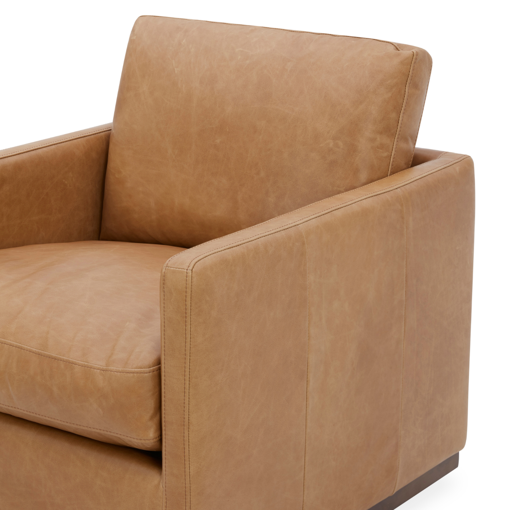 Swivel Lounge Chair in Distressed Cognac Leather - Track Arms, Walnut Base