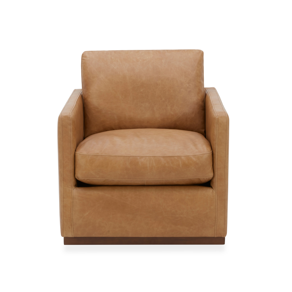 Swivel Lounge Chair in Distressed Cognac Leather - Track Arms, Walnut Base